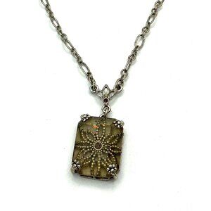 Vintage Silver-Tone Chain Necklace With Ornate Square Pendant